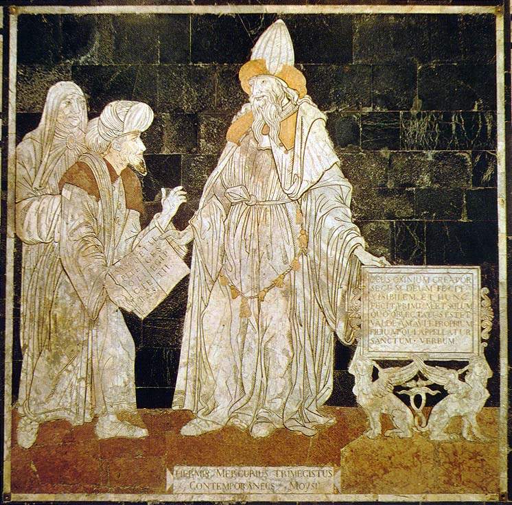 Hermes Trismegistus — mosaic on the floor of Siena Cathedral (1488), depicting the Thrice-Greatest as a contemporary of Moses