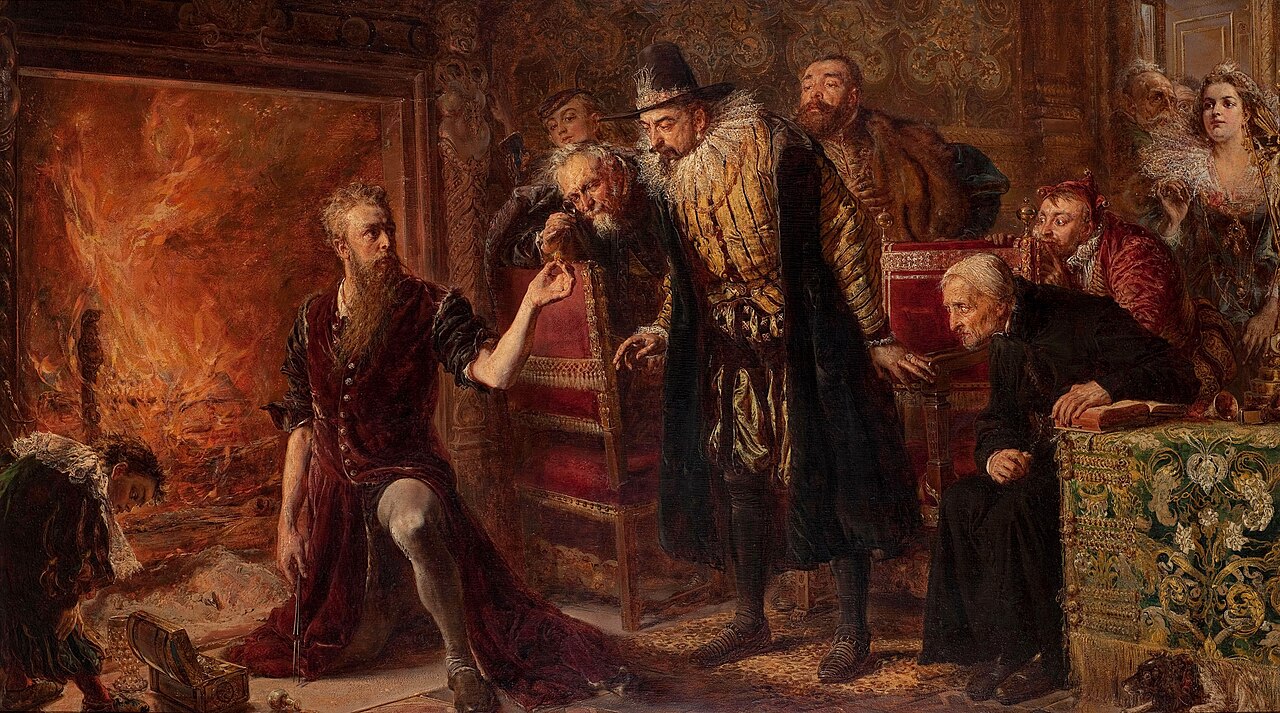 The Alchemist Sendivogius — Jan Matejko (1867). The Polish alchemist Michael Sendivogius demonstrates the philosopher's stone before King Sigismund III